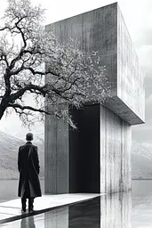 Midjourney generated image using SREF code Clockwork Monochromatic: A man standing in front of a concrete building next to a tree.