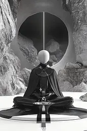 Midjourney generated image using SREF code Clockwork Monochromatic: A mannequin sitting in a lotus position in front of a cave.