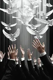 Midjourney generated image using SREF code Clockwork Monochromatic: A group of people in suits and ties with white doves flying above them.