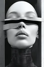 Midjourney generated image using SREF code Clockwork Monochromatic: A black and white photo of a woman with blindfolded eyes.