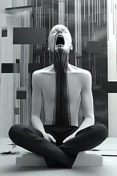 Midjourney generated image using SREF code Clockwork Monochromatic: A man sitting in a lotus position with his mouth open.