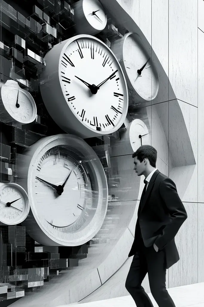 Midjourney generated image using SREF code Clockwork Monochromatic: A man in a suit walking past a wall of clocks.