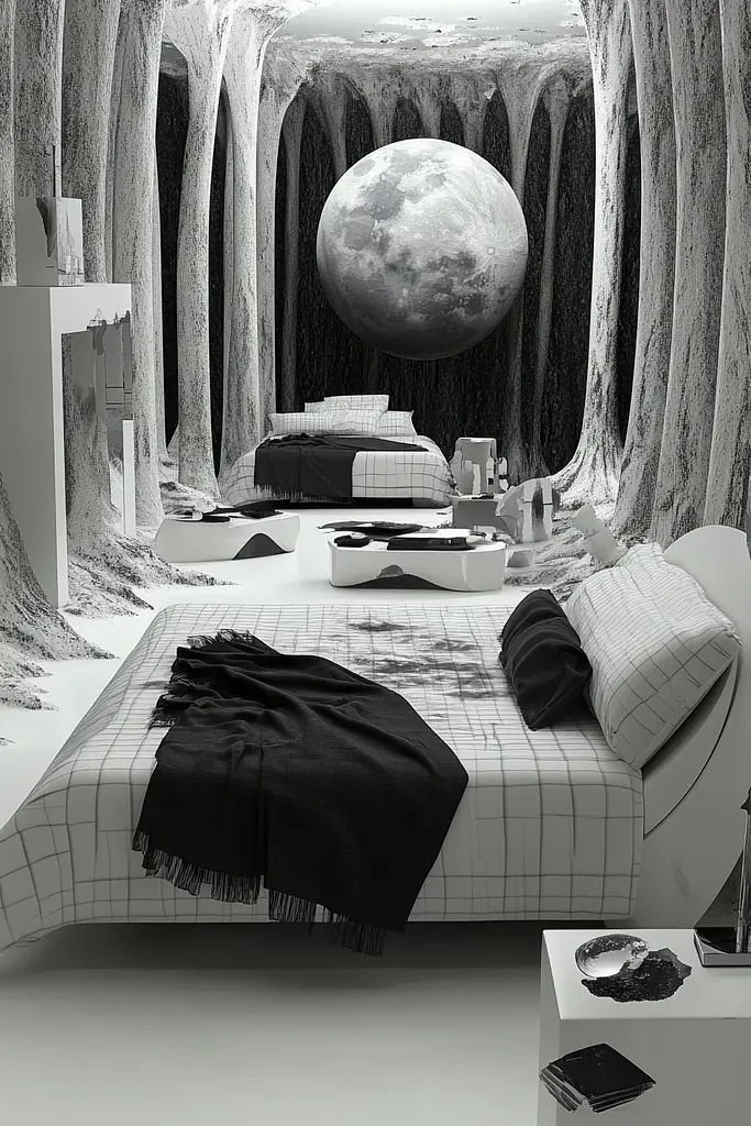 Midjourney generated image using SREF code Clockwork Monochromatic: A bedroom with a bed and a large moon on the wall.