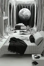 Midjourney generated image using SREF code Clockwork Monochromatic: A bedroom with a bed and a large moon on the wall.