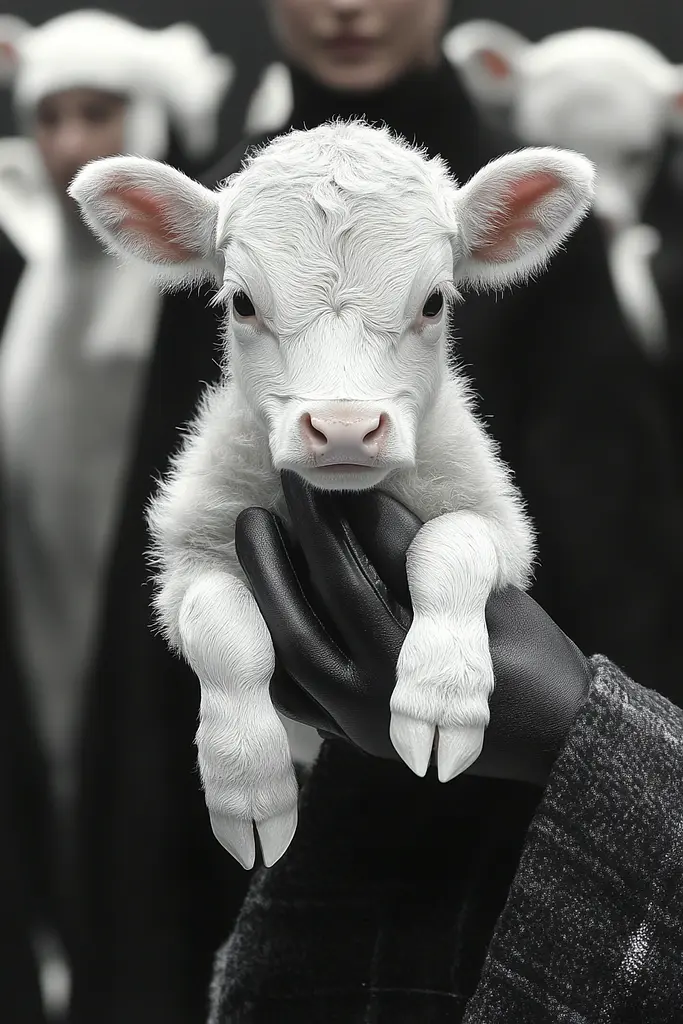 Midjourney generated image using SREF code Clockwork Monochromatic: A person holding a small white calf in their hands.