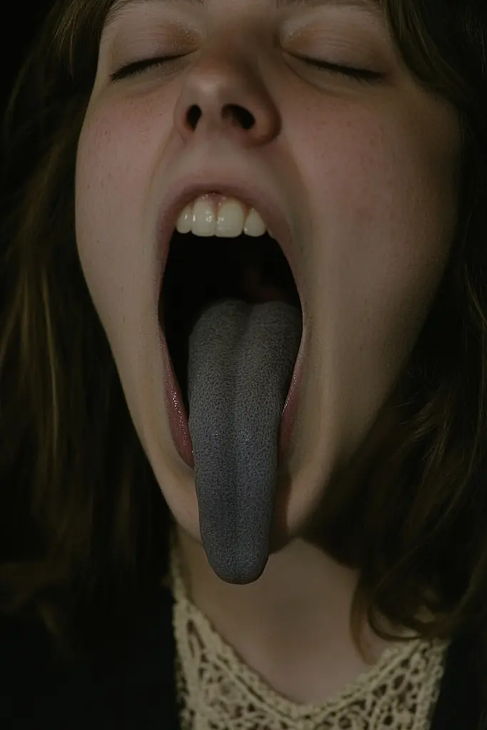 Midjourney generated image using SREF code Medieval Redux: A woman sticking out her tongue in the dark.