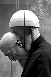 Midjourney generated image using SREF code Clockwork Monochromatic: A man with a white helmet on his head.