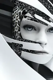 Midjourney generated image using SREF code Clockwork Monochromatic: A woman with blue eyes and a leopard print scarf.