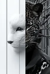 Midjourney generated image using SREF code Clockwork Monochromatic: A black and white photo of a leopard and a white tiger.