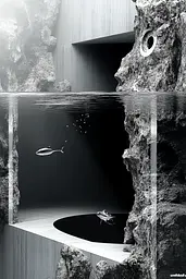 Midjourney generated image using SREF code Clockwork Monochromatic: A black and white photo of a fish swimming in the water.