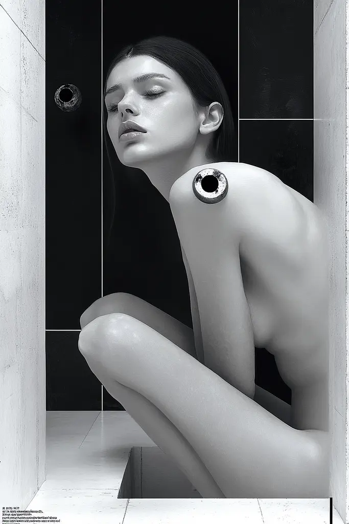 Midjourney generated image using SREF code Clockwork Monochromatic: A nude woman sitting in a bathroom next to a shower.