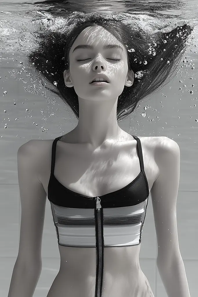 Midjourney generated image using SREF code Clockwork Monochromatic: A woman in a black and white bikini under water.