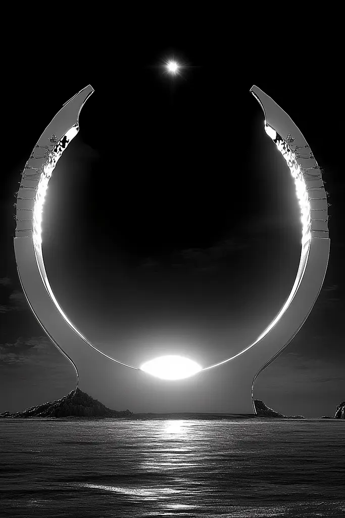 Midjourney generated image using SREF code Clockwork Monochromatic: A black and white photo of a crescent moon over the ocean.