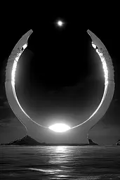 Midjourney generated image using SREF code Clockwork Monochromatic: A black and white photo of a crescent moon over the ocean.