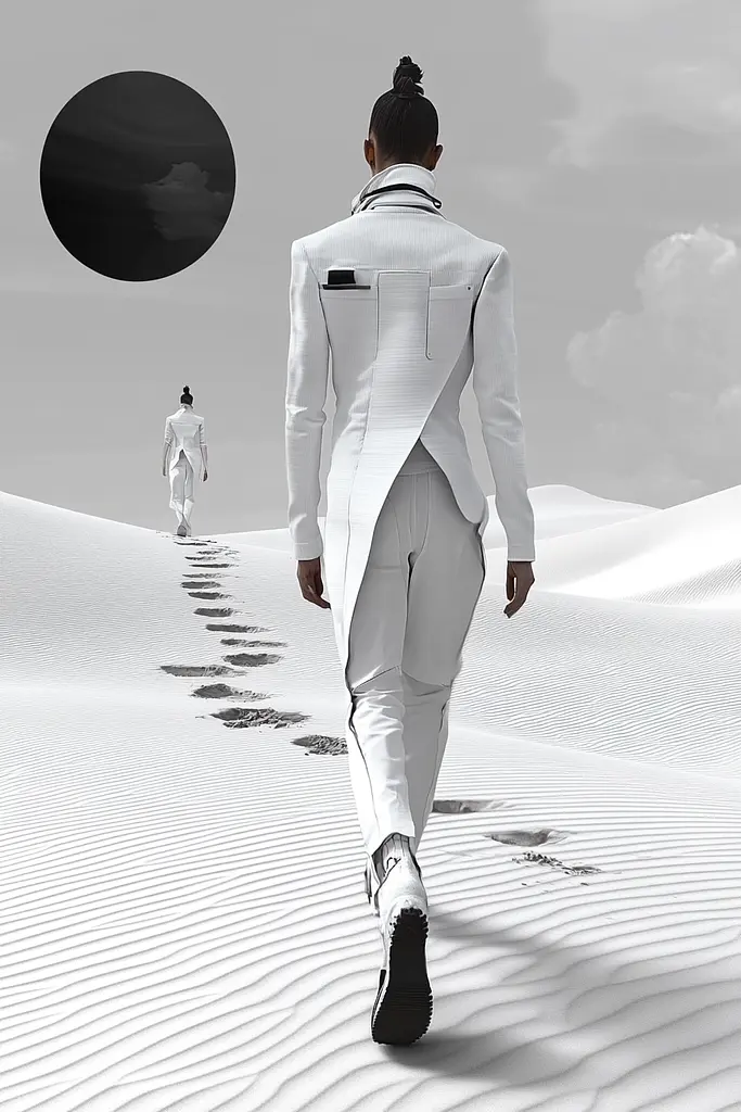 Midjourney generated image using SREF code Clockwork Monochromatic: A man in a white suit walking across a desert.