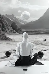 Midjourney generated image using SREF code Clockwork Monochromatic: A man sitting in a lotus position in the middle of a desert.