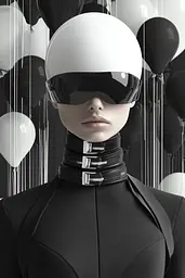 Midjourney generated image using SREF code Clockwork Monochromatic: A woman in a black suit with a white helmet on her head.