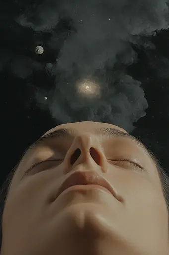 Midjourney generated image using SREF code Retro Nebula: A woman with her eyes closed looking up at the sky.