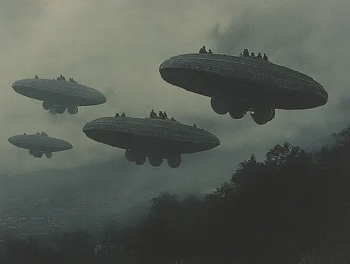 Midjourney generated image using SREF code Medieval Redux: A group of zeppelins flying through a cloudy sky.