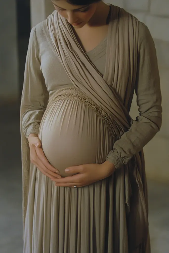 Midjourney generated image using SREF code Retro Nebula: A pregnant woman in a beige dress is holding her belly.