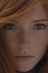 Midjourney generated image using SREF code Retro Nebula: A close up of a woman with long red hair and green eyes.