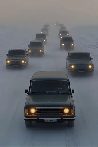 Midjourney generated image using SREF code Retro Nebula: A group of cars driving down a snow covered road.