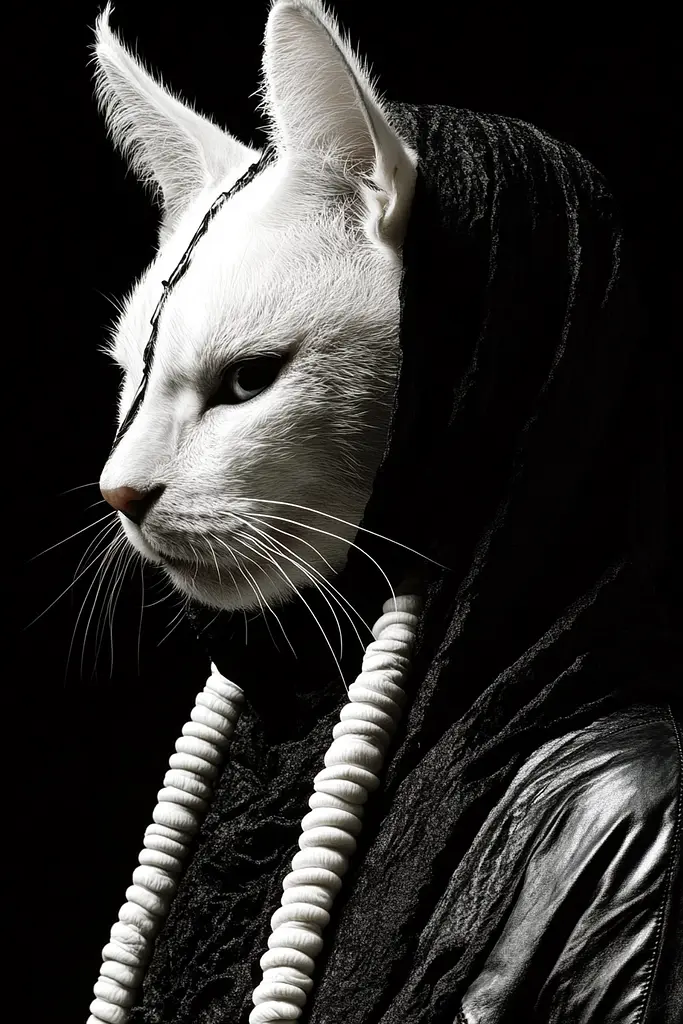 Midjourney generated image using SREF code Gloom Fabric: A white cat wearing a black hoodie and a necklace.