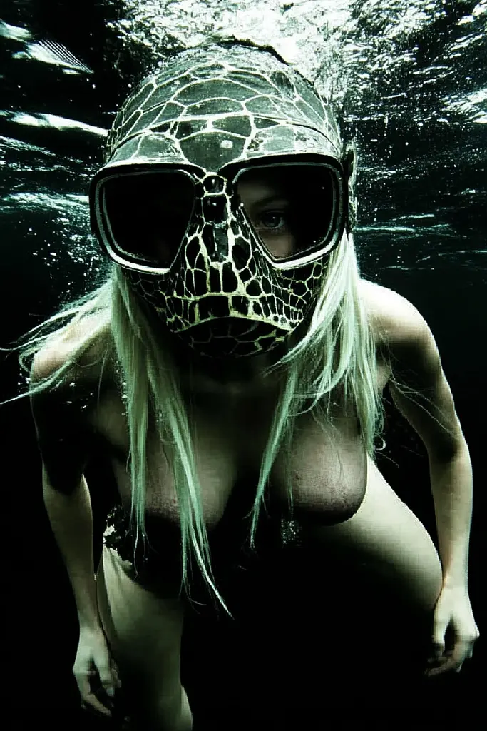 Midjourney generated image using SREF code Gloom Fabric: A woman wearing a mask and goggles in the water.