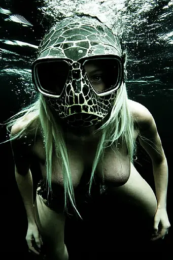 Midjourney generated image using SREF code Gloom Fabric: A woman wearing a mask and goggles in the water.