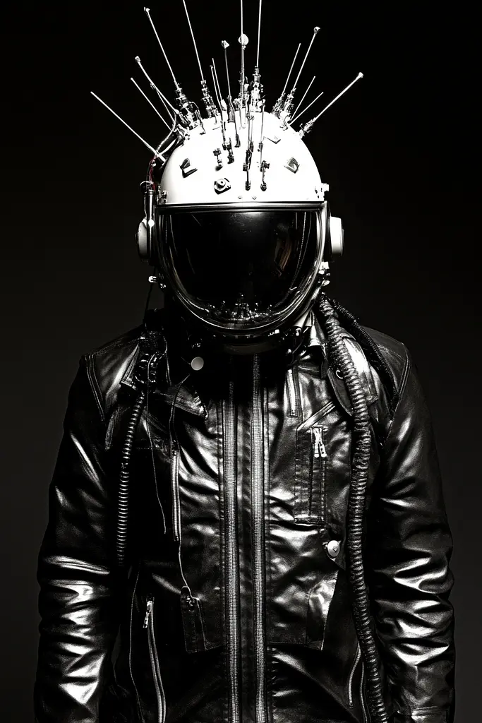 Midjourney generated image using SREF code Gloom Fabric: A man in a leather jacket with a helmet on his head.