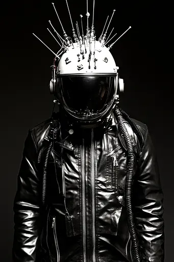 Midjourney generated image using SREF code Gloom Fabric: A man in a leather jacket with a helmet on his head.