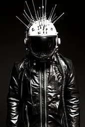 Midjourney generated image using SREF code Gloom Fabric: A man in a leather jacket with a helmet on his head.