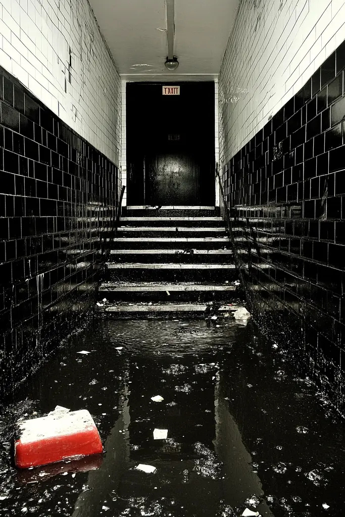 Midjourney generated image using SREF code Gloom Fabric: A black and white photo of a wet hallway with stairs.