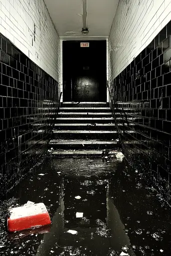 Midjourney generated image using SREF code Gloom Fabric: A black and white photo of a wet hallway with stairs.