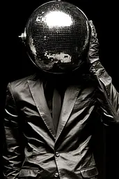 Midjourney generated image using SREF code Gloom Fabric: A man in a suit with a disco ball on his head.