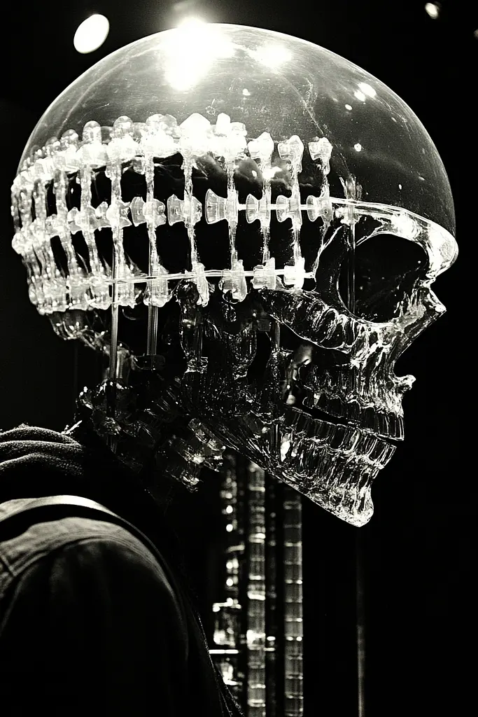 Midjourney generated image using SREF code Gloom Fabric: A man wearing a helmet with a skeleton head on it.