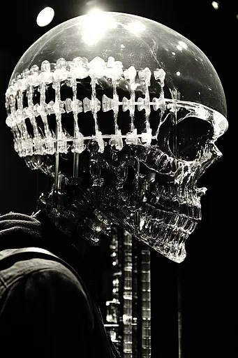 Midjourney generated image using SREF code Gloom Fabric: A man wearing a helmet with a skeleton head on it.