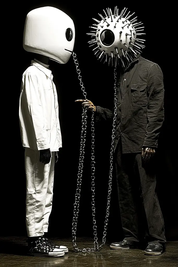 Midjourney generated image using SREF code Gloom Fabric: A man in a white suit and a man with a chain around his neck.