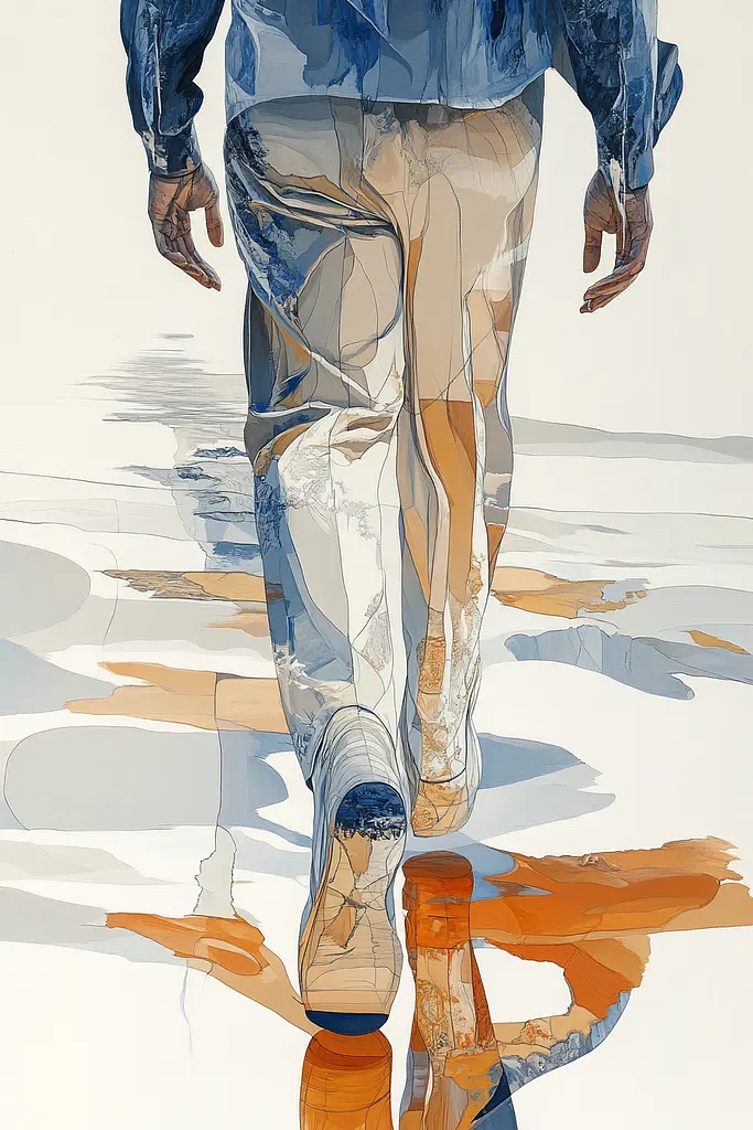 Midjourney generated image using SREF code Chromatic Fusion: A drawing of a person walking on a beach.