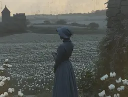 Midjourney generated image using SREF code Medieval Redux: A woman in a blue dress standing in a field of cotton.