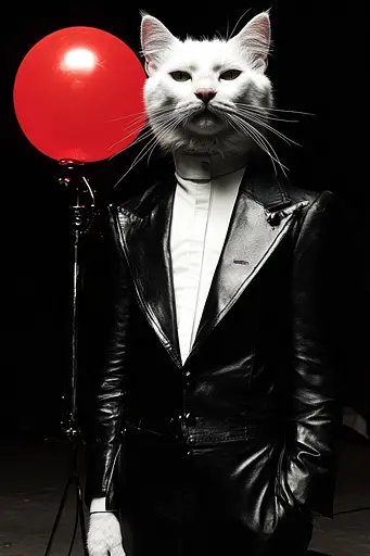 Midjourney generated image using SREF code Gloom Fabric: A white cat in a black leather jacket holding a red balloon.