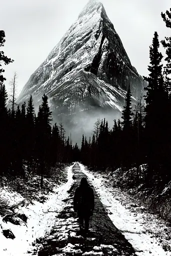 Midjourney generated image using SREF code Gloom Fabric: A person walking down a snowy path in front of a mountain.