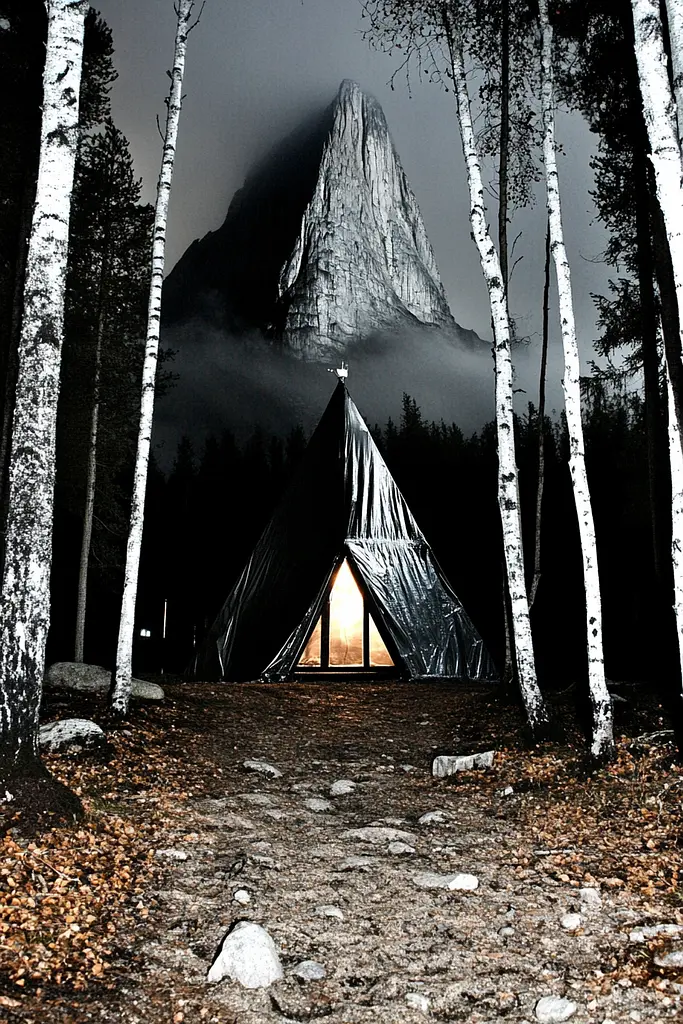 Midjourney generated image using SREF code Gloom Fabric: A tent in the middle of a forest with a mountain in the background.