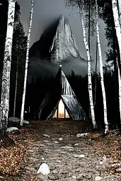 Midjourney generated image using SREF code Gloom Fabric: A tent in the middle of a forest with a mountain in the background.