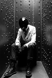 Midjourney generated image using SREF code Gloom Fabric: A man sitting on a bench in front of a metal wall.