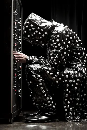 Midjourney generated image using SREF code Gloom Fabric: A man in a black and silver suit sitting in front of a computer.