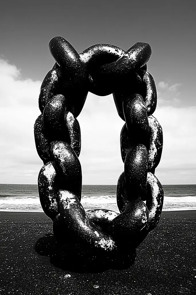 Midjourney generated image using SREF code Gloom Fabric: A black and white photo of a large chain on the beach.