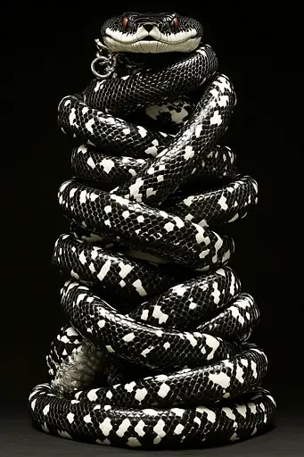 Midjourney generated image using SREF code Gloom Fabric: A black and white snake with a chain around its neck.