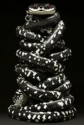 Midjourney generated image using SREF code Gloom Fabric: A black and white snake with a chain around its neck.