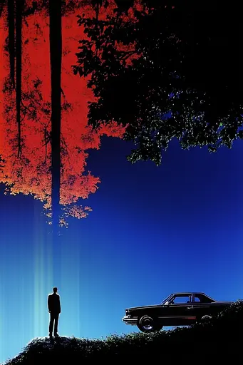 Midjourney generated image using SREF code Velvet Dusk: A man standing in front of a car in the woods.